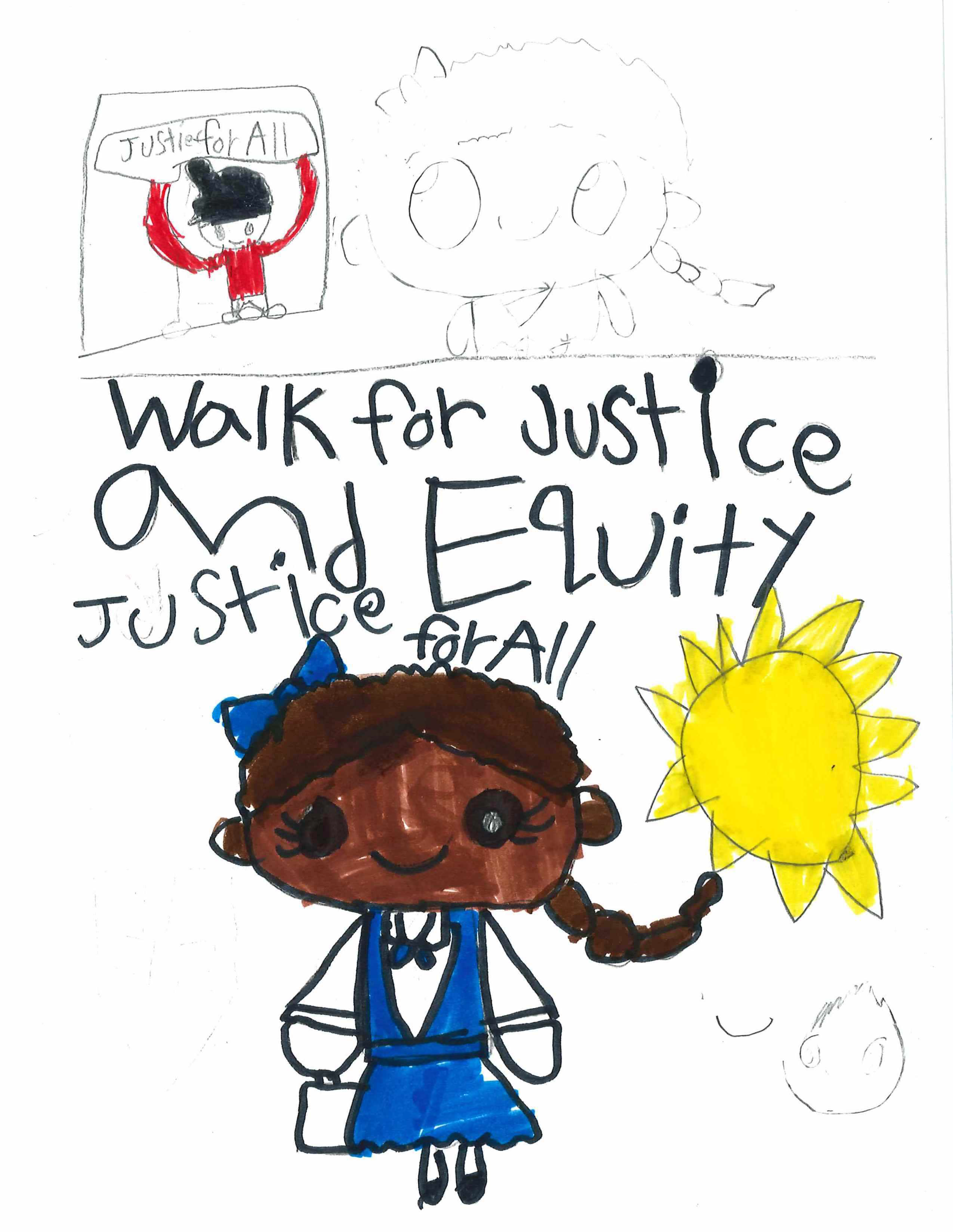 Drawing of Ruby Bridges in Blue Dress. 